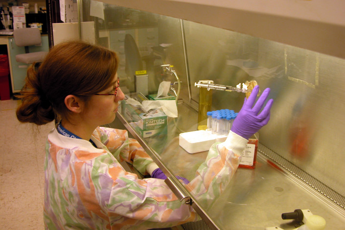 Saint Louis University’s Abigail Young analyzes cell samples for a project to determine the effects of microgravity and radiation on the reactivation of the Epstein-Barr virus in the human body. 